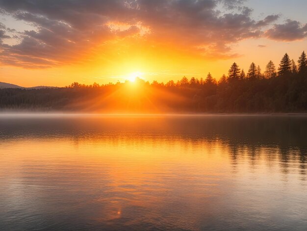 Foto una foto de un amanecer sobre un lago