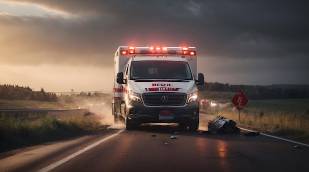 Foto ambulancia médica de servicio en la carretera