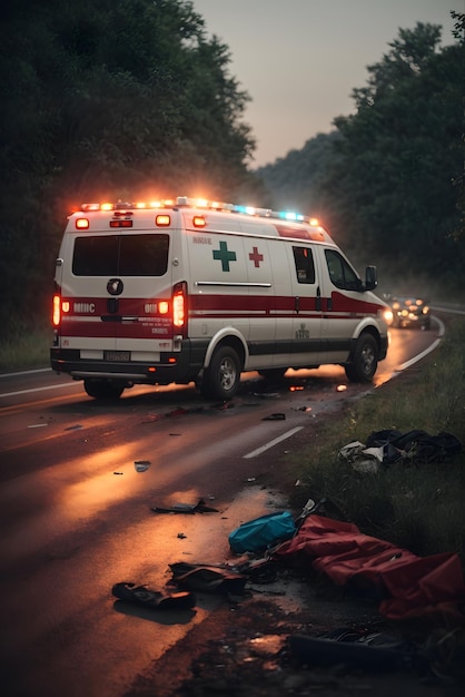 Foto foto ambulancia médica de servicio en la carretera
