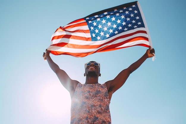 Foto Amerikanischer Mann feiert den Feiertag 4. Juli mit Flagge am blauen Himmel