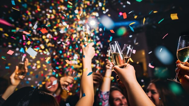 Foto de amigos celebrando el año nuevo y tintineando copas de champán luces de club de confeti