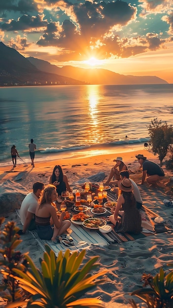 Foto de amigos haciendo un picnic en una pintoresca playa chilena con actividades familiares frescas