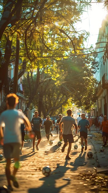 Foto de amigos jugando al fútbol en un animado vecindario uruguayo Actividades familiares Cuidado laboral