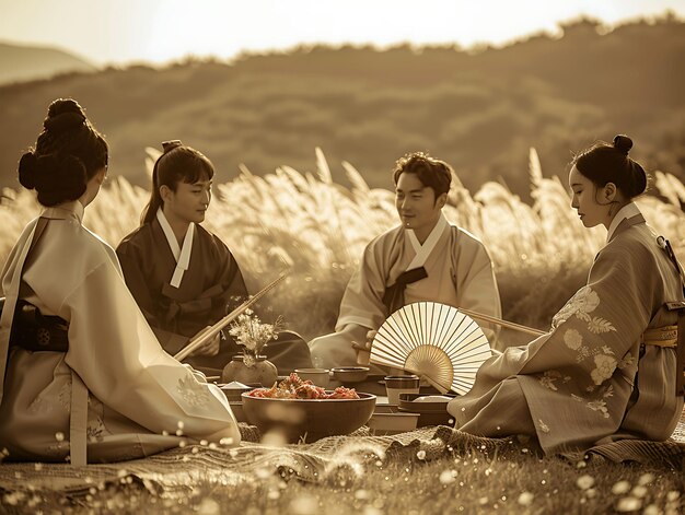 Foto de amigos jugando juegos tradicionales coreanos durante un picnic en actividades familiares