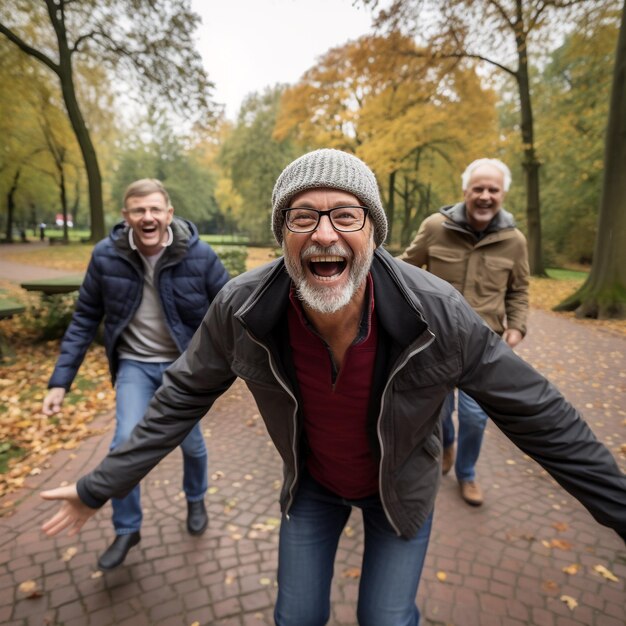 Foto de amigos de mediana edad divirtiéndose