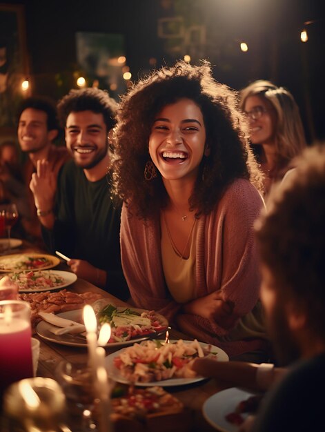 Foto foto de amigos multiculturales reunidos para una cena con una diversidad étnica