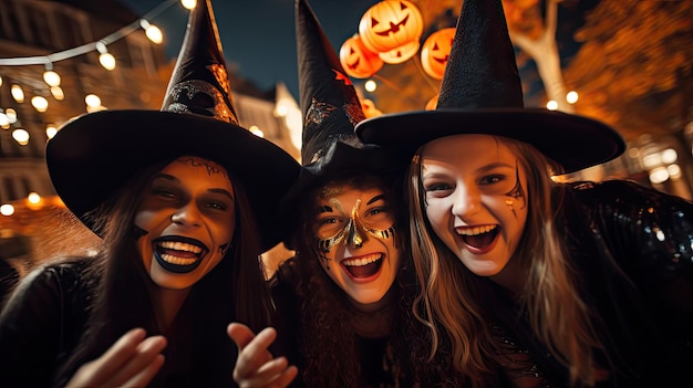 foto de amigos vestidos de brujas para Halloween en la calle