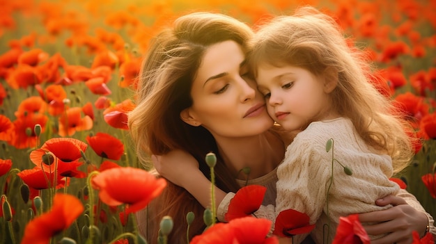 Foto del amor de madre e hija en un hermoso paisaje natural de flores de amapola