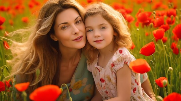 Foto del amor de madre e hija en un hermoso paisaje natural de flores de amapola