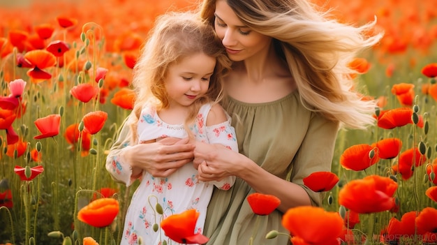 Foto del amor de madre e hija en un hermoso paisaje natural de flores de amapola