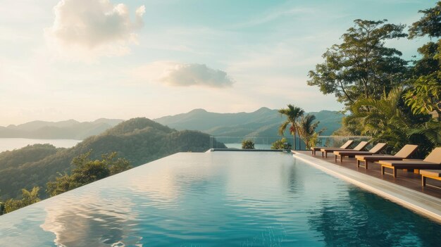 Una foto amplia de una piscina infinita con vistas a un paisaje impresionante como montañas o el océano