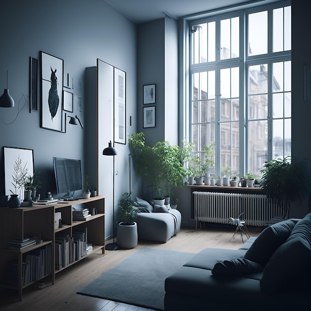 Foto foto de una amplia sala de estar con iluminación natural desde una ventana grande y muebles acogedores