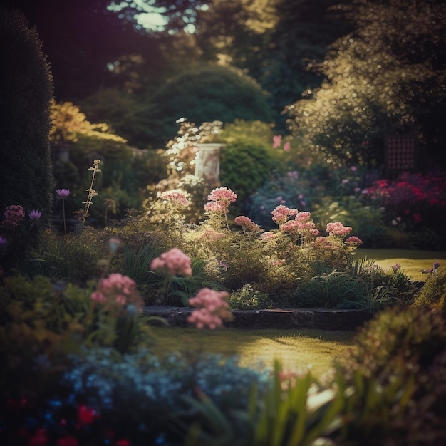 foto analógica de um bokeh forte de um jardim inglês dos anos 80