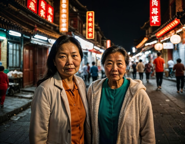 Foto foto de una anciana con amigos en china mercado callejero local por la noche ia generativa