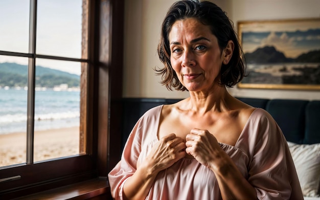 Foto de una anciana de mediana edad en una casa cerca de la playa AI generativa