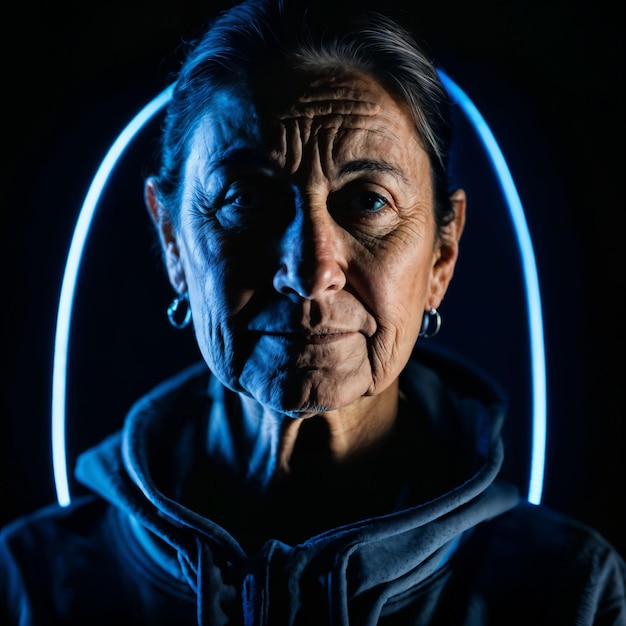 foto de una anciana de mediana edad con luz azul sobre fondo negro IA generativa