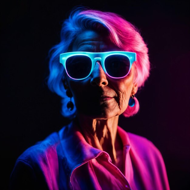 foto de una anciana de mediana edad con con luz de neón rosa y azul mixta generativa AI