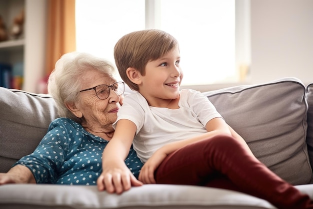 Foto de una anciana sentada en el sofá de casa con su nieto creada con IA generativa