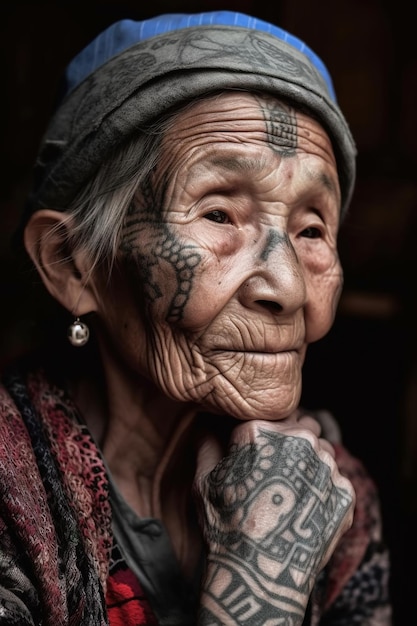 Foto anciana con tatuajes en la cara