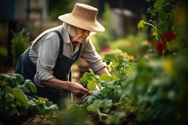 Foto de una anciana trabajando con plantas en su jardín comunitario creado con IA generativa