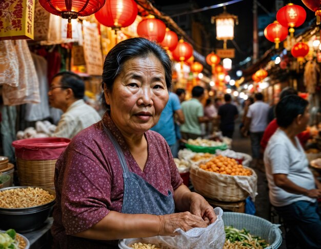 foto de una anciana vendedora en china mercado callejero local por la noche IA generativa