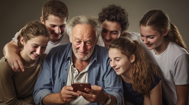Foto de un anciano que está sentado usando un teléfono inteligente y mostrando contenido a un grupo de jóvenes