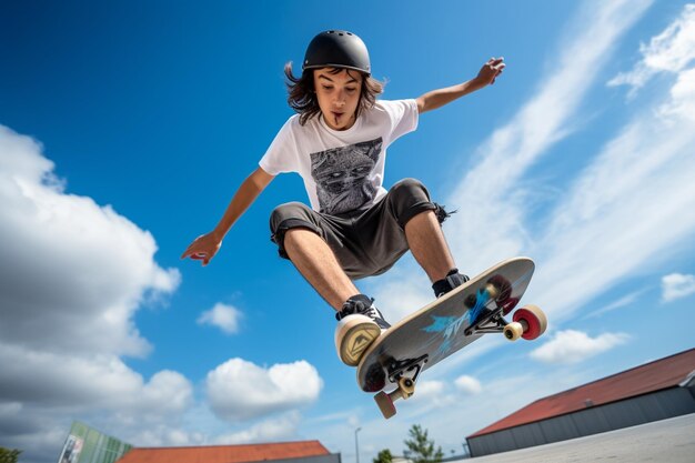 foto de ángulo bajo de un adolescente en el skatepark divirtiéndose