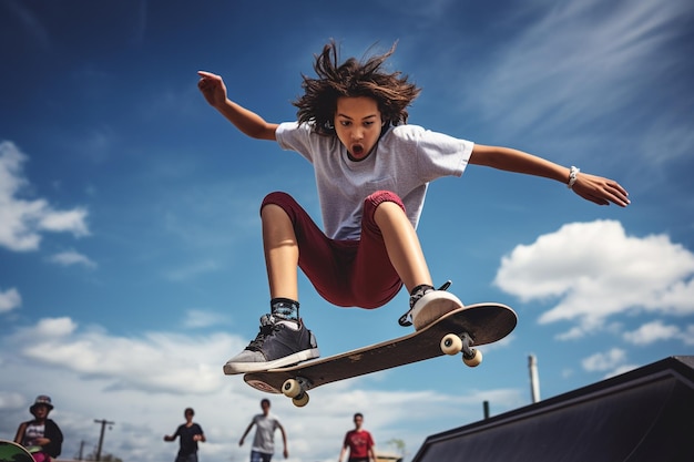 foto de ángulo bajo de un adolescente en el skatepark divirtiéndose