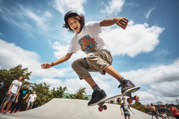 foto de ángulo bajo de un adolescente en el skatepark divirtiéndose