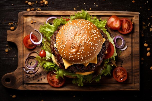 foto de ángulo alto hamburguesa deliciosa en tablero de madera