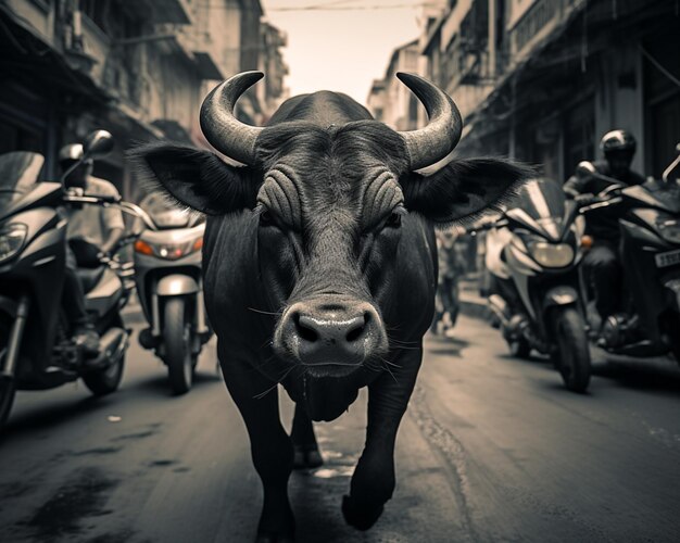 Foto de animal doméstico búfalo en el camino