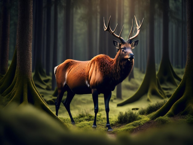 Foto de un animal Elk parado en un bosque verde oscuro capturado con una cámara DSLR