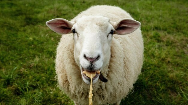 Foto de un animal de oveja gracioso masticando comida y mirando fijamente a la cámara