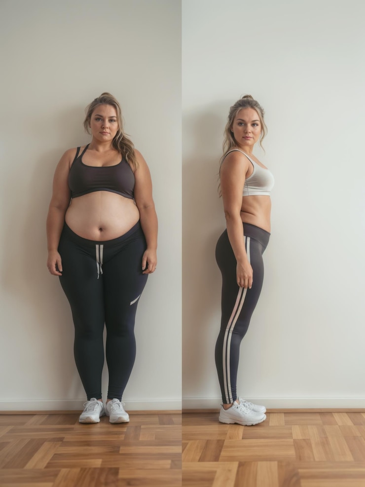 Foto foto antes e depois de uma mulher de roupas esportivas de pé ao lado de uma parede