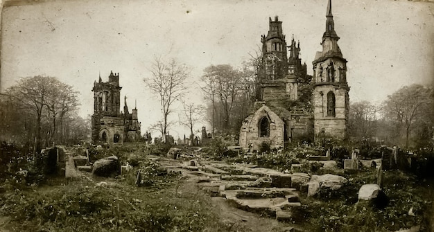 Foto antiga com cemitério assustador e ruínas de igrejas abandonadas Ilustração 3D de cena sombria mística