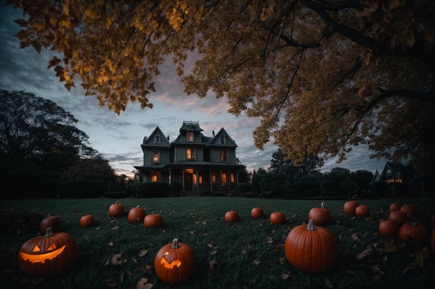 foto antiga mansão na noite de Halloween