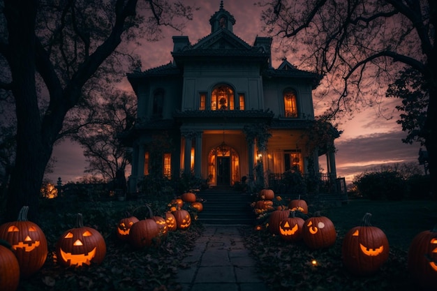 foto antiga mansão na noite de Halloween