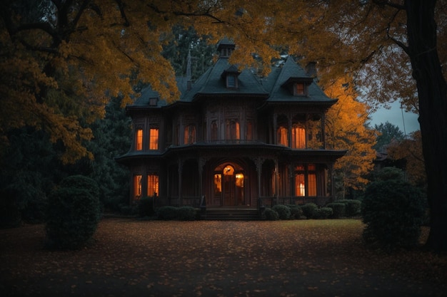 foto antiga mansão na noite de Halloween