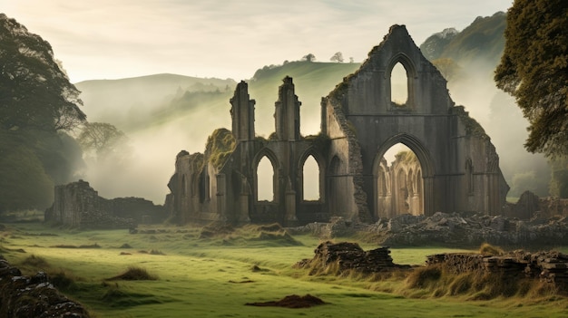 Una foto de una antigua abadía en ruinas rodeada de colinas de niebla