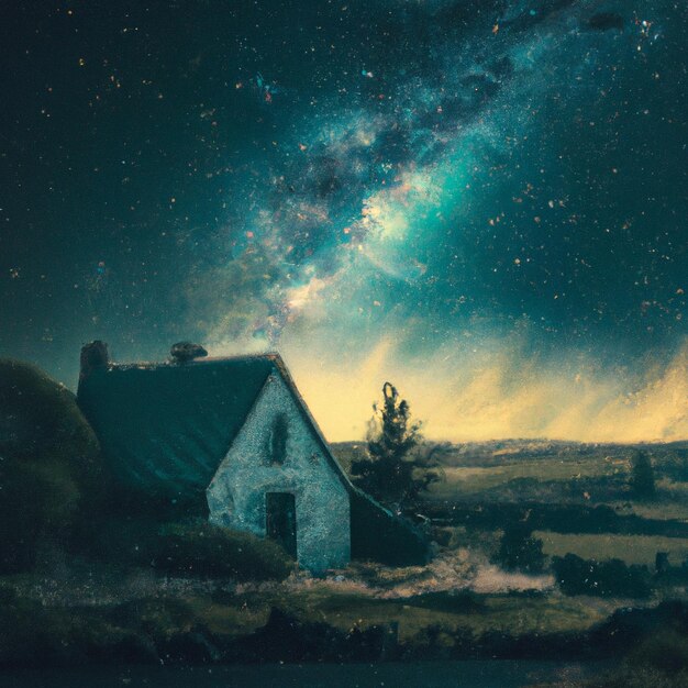 Foto foto de una antigua casa de campo con un cielo nocturno estrellado, arte digital.