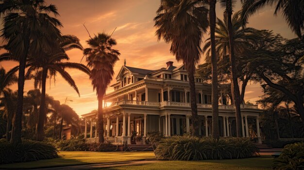 Foto una foto de una antigua mansión colonial con palmeras en el fondo