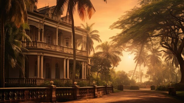 Foto una foto de una antigua mansión colonial con palmeras en el fondo