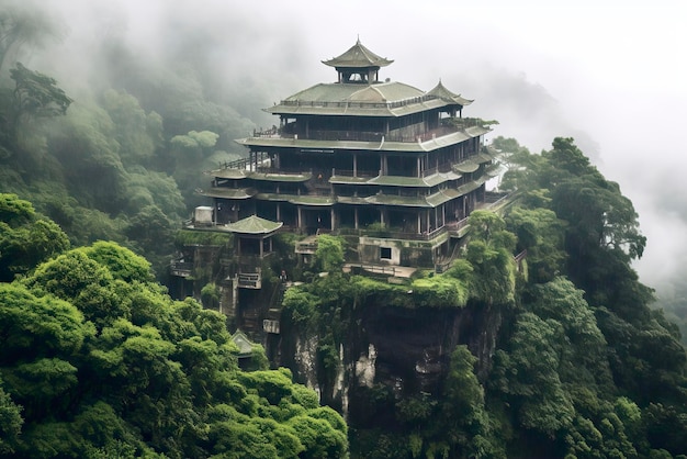 Foto foto de un antiguo templo místico ubicado en la cima de una montaña brumosa