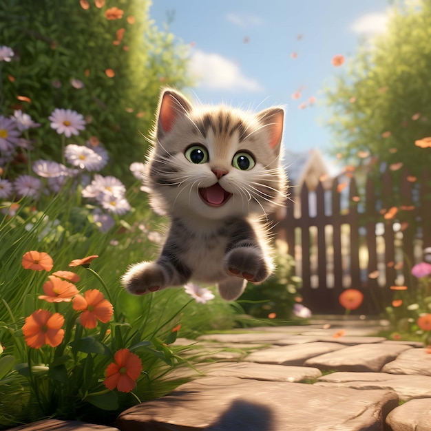 Foto ao ar livre de um gatinho sorridente voando em nossa direção com os braços estendidos no centro