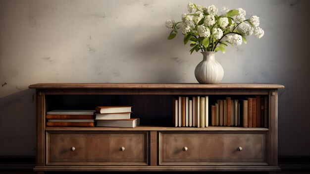 Foto aparador de madera con libros y una planta.