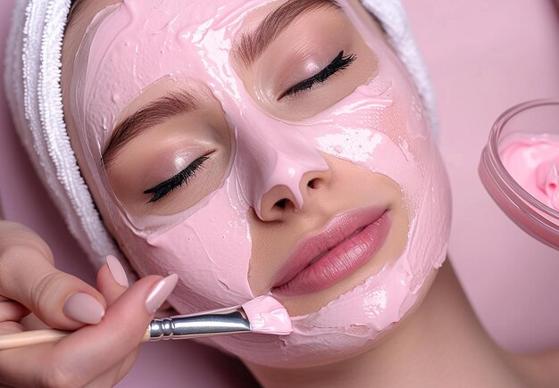 Foto de la aplicación de la máscara rosa para el tratamiento facial y el tratamiento de belleza