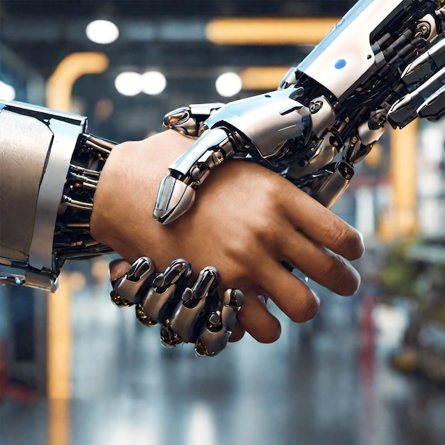 Foto foto del apretón de manos entre humanos y robots