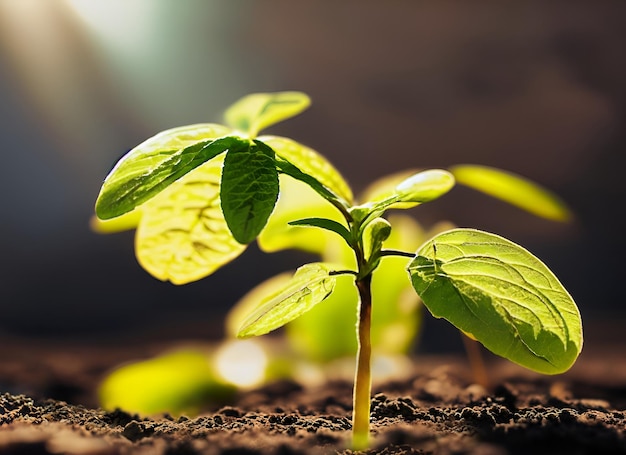 Foto aproximada da planta de soja no campo agrícola cultivado Planta crescendo na luz solar Brotando AgroxA