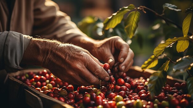 Foto aproximada das mãos dos agricultores processando grãos de café de qualidade premium com uma cesta