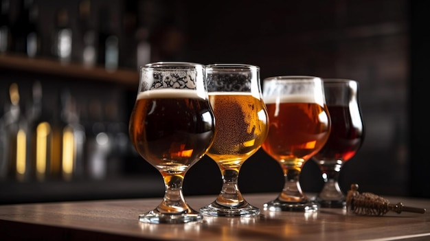 Foto aproximada de cervejas no balcão de um bar Iluminação de estúdio